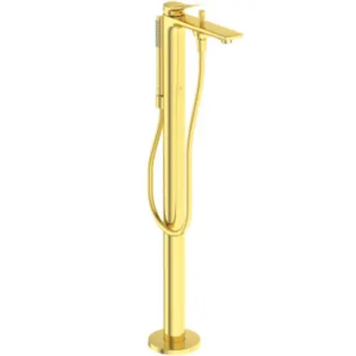 Freistehende Badarmatur in Brushed Gold von Ideal Standard, mit schlanker, vertikaler Form und Handbrause. Eignet sich für moderne Badezimmergestaltung.